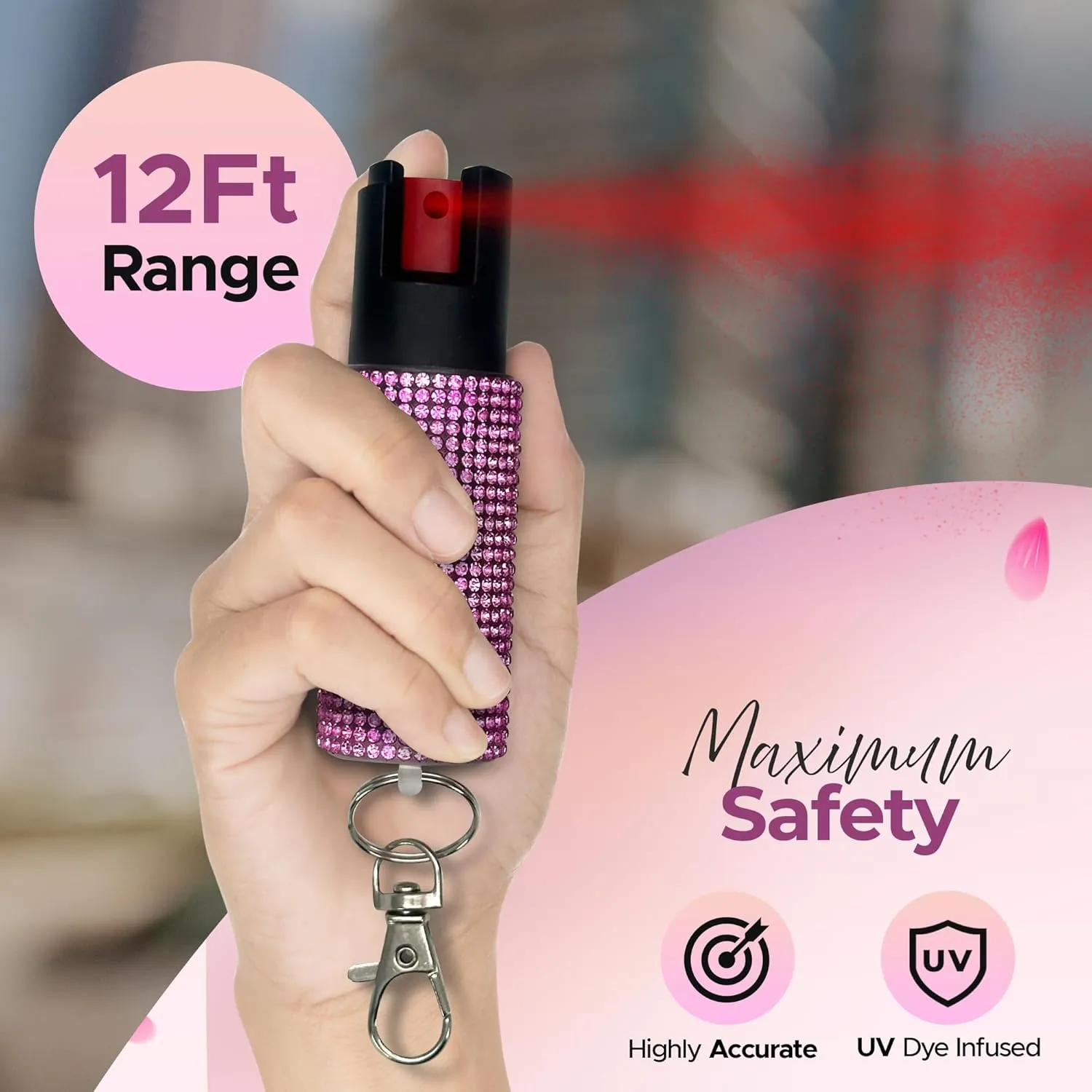 FURY Gem Stone Pepper Spray Stun Gun Combo – Stylish Multi-Color, 12ft Range, UV Dye Identifier, Flashlight, Rechargeable, Self-Defense Kit, Personal Safety, Rhinestone casing