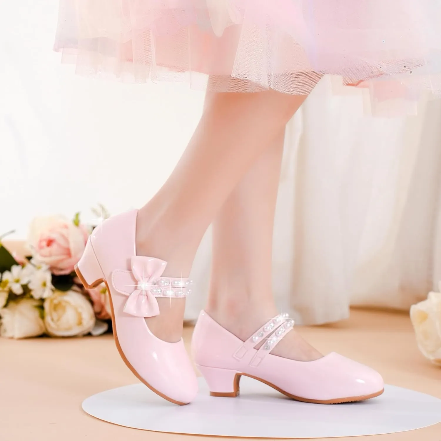 Girls Dress Shoes - Flower Girl Shoes with Low Heel Pump, Glitter Princess Heels for Toddler to Big Kids - Birthday, Christmas, Wedding & Party Occasions