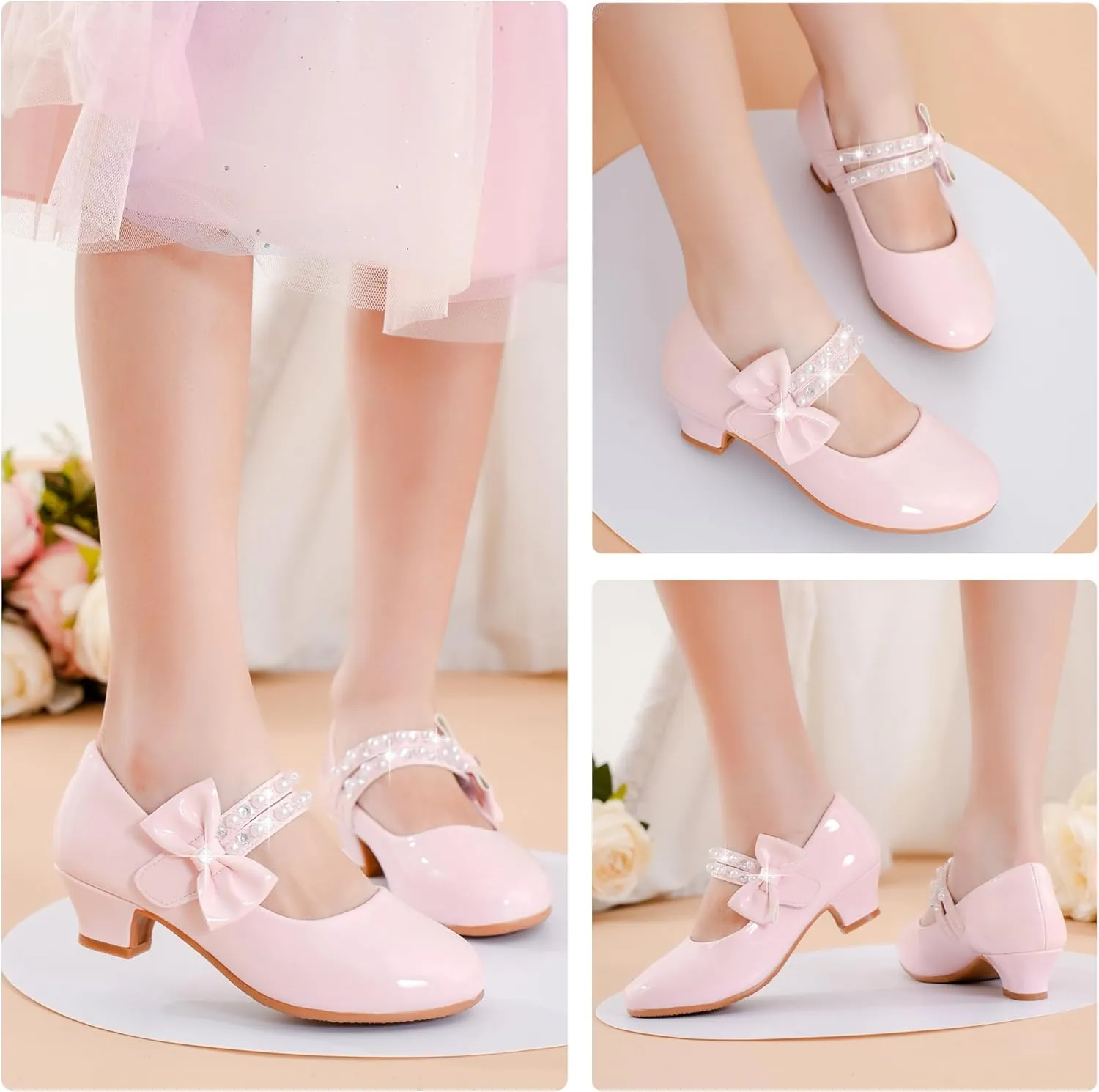Girls Dress Shoes - Flower Girl Shoes with Low Heel Pump, Glitter Princess Heels for Toddler to Big Kids - Birthday, Christmas, Wedding & Party Occasions