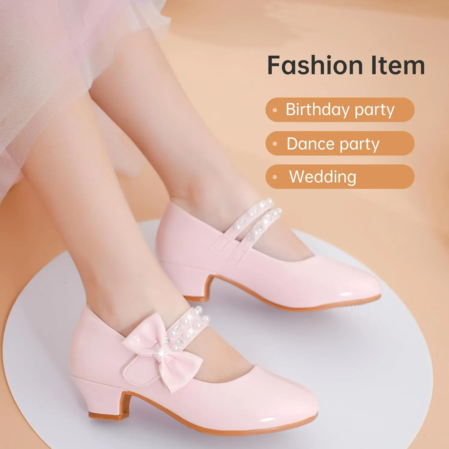Girls Dress Shoes - Flower Girl Shoes with Low Heel Pump, Glitter Princess Heels for Toddler to Big Kids - Birthday, Christmas, Wedding & Party Occasions