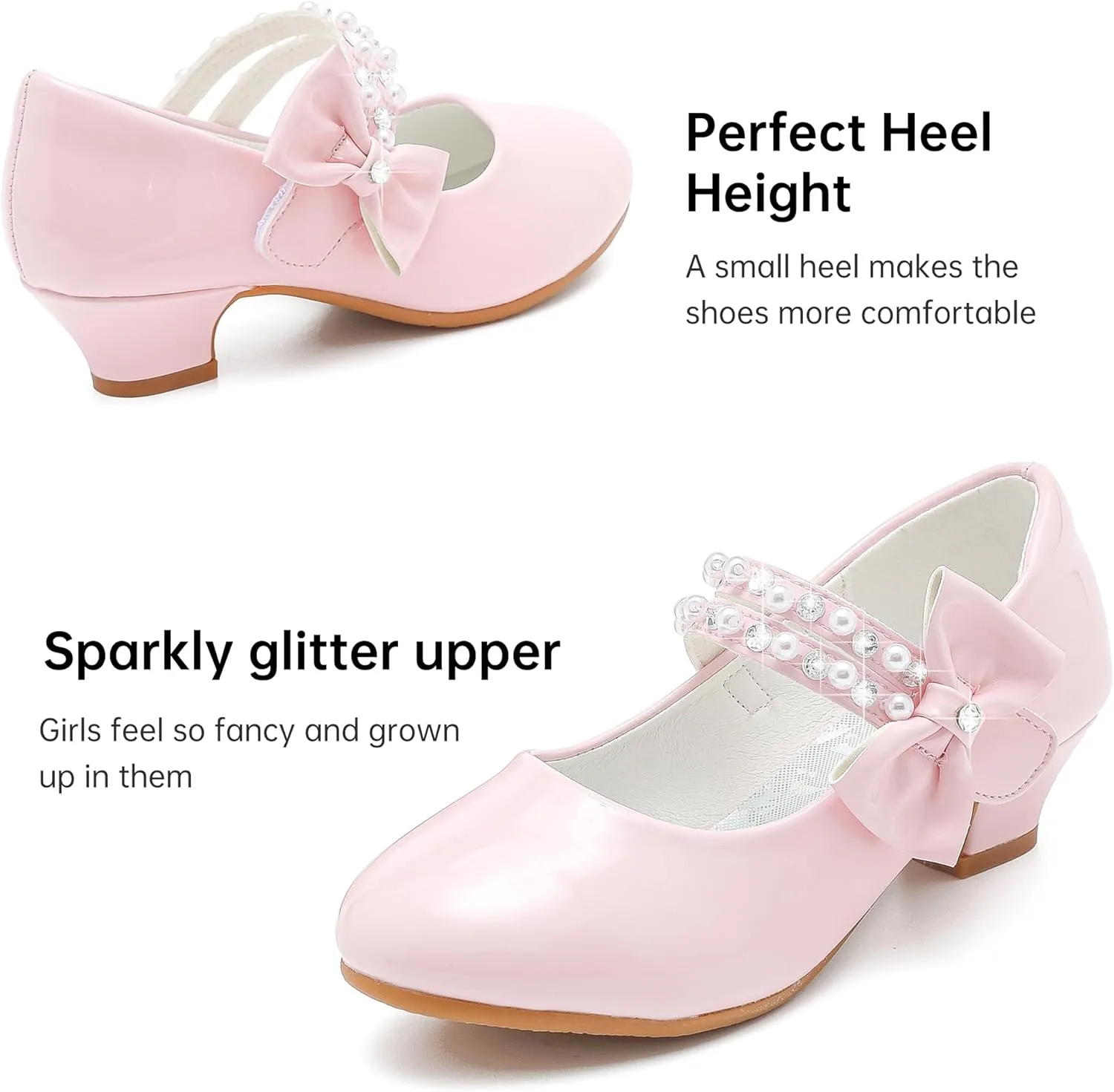 Girls Dress Shoes - Flower Girl Shoes with Low Heel Pump, Glitter Princess Heels for Toddler to Big Kids - Birthday, Christmas, Wedding & Party Occasions