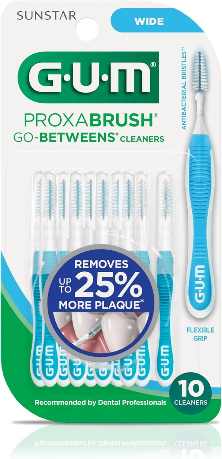 GUM Proxabrush Go-Betweens - Wide - Interdental Brushes - Soft Bristled Dental Picks for Plaque Removal Health - Safe for Braces & Dental Devices, 10 Count (Pack of 4)
