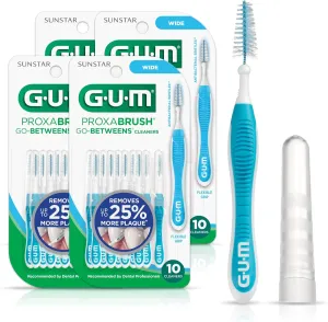GUM Proxabrush Go-Betweens - Wide - Interdental Brushes - Soft Bristled Dental Picks for Plaque Removal Health - Safe for Braces & Dental Devices, 10 Count (Pack of 4)