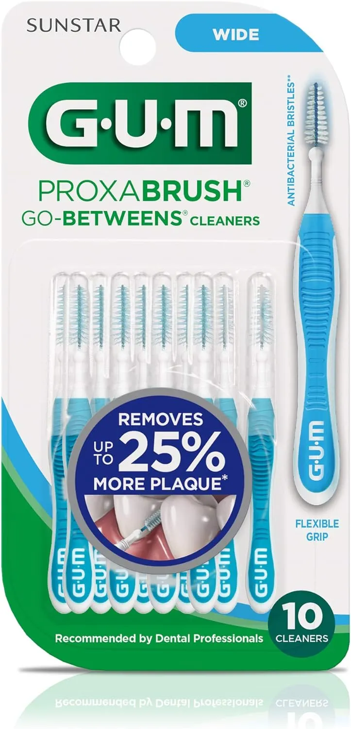 GUM Proxabrush Go-Betweens - Wide - Interdental Brushes - Soft Bristled Dental Picks for Plaque Removal Health - Safe for Braces & Dental Devices, 10 Count (Pack of 4)