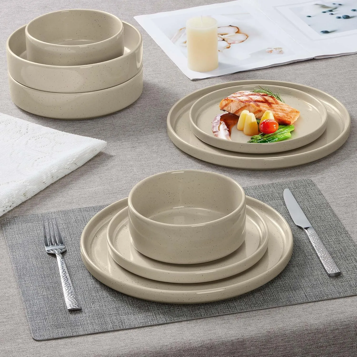 Herogo 8 Piece Dinnerware Sets with Double Bowls, Ceramic Dinner Dishware for 2, Stoneware Plate and Bowls Set for Kitchen Dining, Microwave & Dishwasher Safe, Speckled Khaki