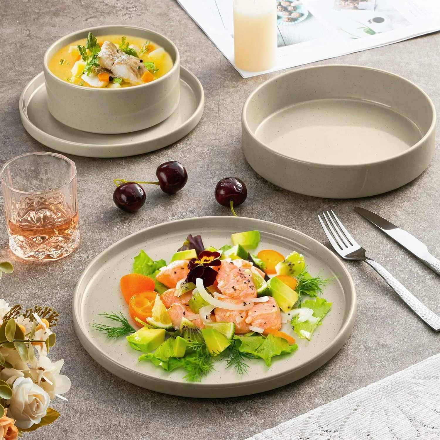 Herogo 8 Piece Dinnerware Sets with Double Bowls, Ceramic Dinner Dishware for 2, Stoneware Plate and Bowls Set for Kitchen Dining, Microwave & Dishwasher Safe, Speckled Khaki