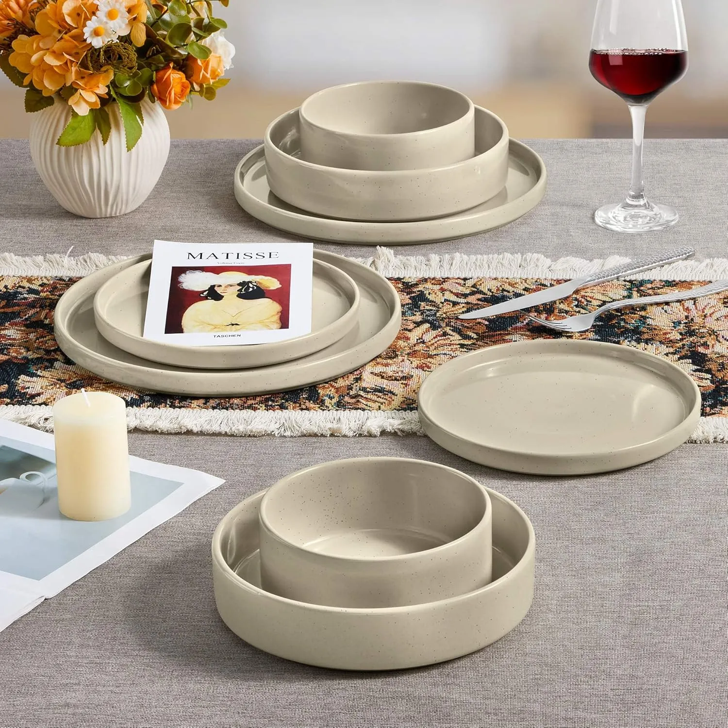 Herogo 8 Piece Dinnerware Sets with Double Bowls, Ceramic Dinner Dishware for 2, Stoneware Plate and Bowls Set for Kitchen Dining, Microwave & Dishwasher Safe, Speckled Khaki