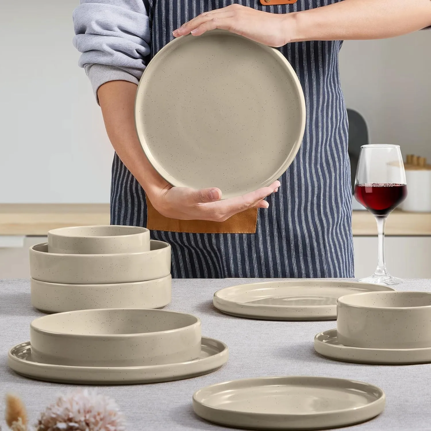 Herogo 8 Piece Dinnerware Sets with Double Bowls, Ceramic Dinner Dishware for 2, Stoneware Plate and Bowls Set for Kitchen Dining, Microwave & Dishwasher Safe, Speckled Khaki