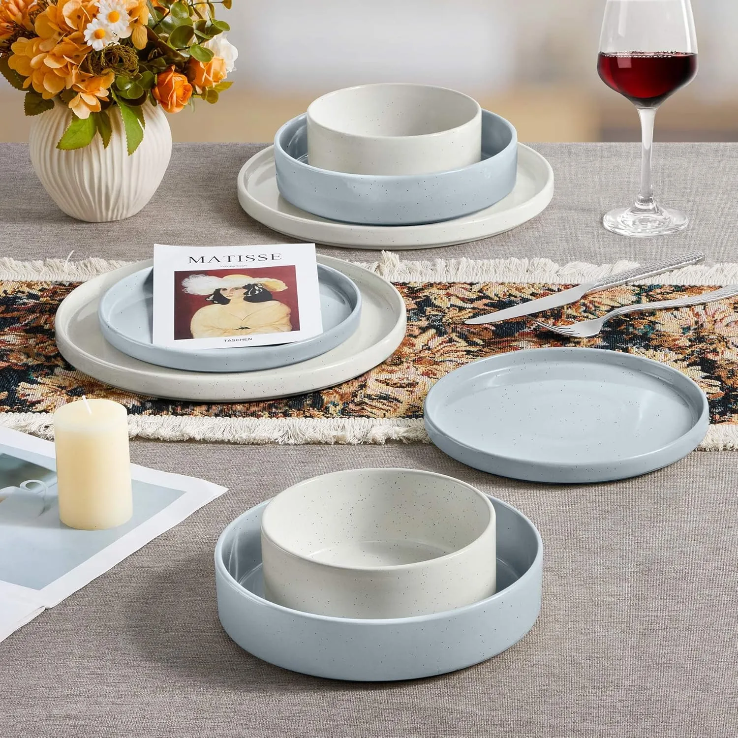Herogo Dinnerware Dishes Sets with Salad Bowls, 8 Piece Plates and Bowls for 2, Ceramic Stoneware for Kitchen, Dishwasher & Microwave Safe Dinner Ware, Speckled Multicolor