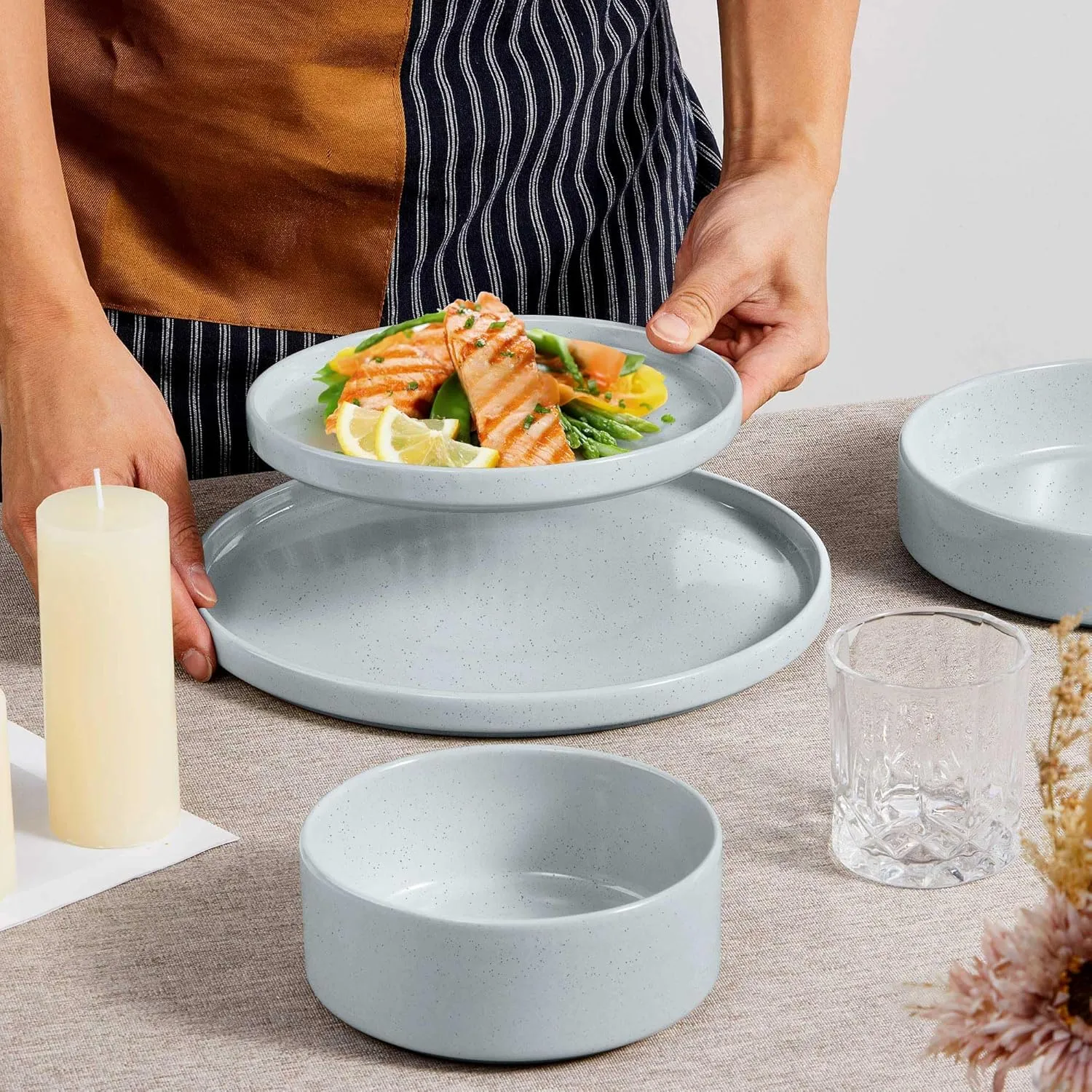 Herogo Dinnerware Dishes Sets with Salad Bowls, 8 Piece Plates and Bowls for 2, Ceramic Stoneware for Kitchen, Dishwasher & Microwave Safe Dinner Ware, Speckled Multicolor