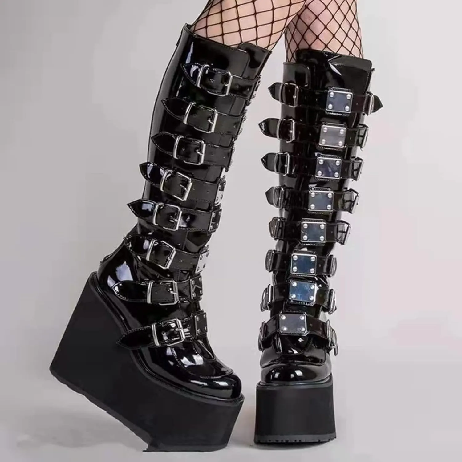 HINDOLA Womens Platform Punk Goth Mid Calf Boots Rivets Metal Decoration Back-Zip Knee High Motorcycle Booties Combat Boots