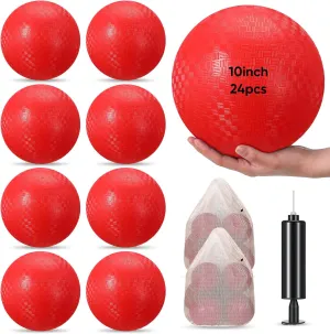 Honoson 24 Pcs Playground Balls 10 Inches Kickballs Dodgeball Inflatable Rubber Bouncy Balls with 1 Pcs Hand Pump and 3 Pcs Storage Bag for Kids Adults