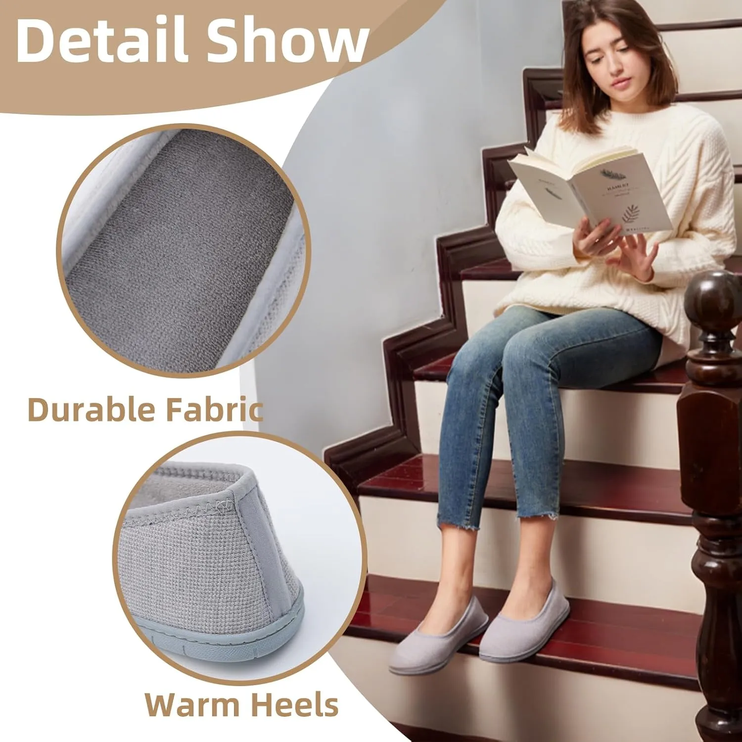 House Shoes for Women Comfy Memory Foam Loafer Slippers for Ladies Non-slip Sole for Comfort Ballet Flat with Closed Back Indoor and Outdoor for All Season Wear Black LightGrey Beige US6-US11