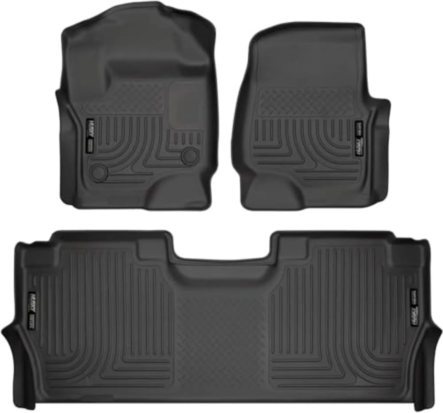 Husky Liners Weatherbeater Floor Mats | Fits 2017 - 2024 Ford F-250/F-350/F-450 SuperCrew Cab with Factory Carpet & with Fold Flat Storage | Front & 2nd Row, 3-pc Black - 94061