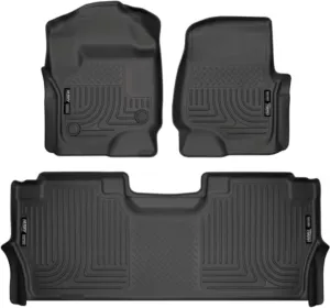 Husky Liners Weatherbeater Floor Mats | Fits 2017 - 2024 Ford F-250/F-350/F-450 SuperCrew Cab with Factory Carpet & with Fold Flat Storage | Front & 2nd Row, 3-pc Black - 94061