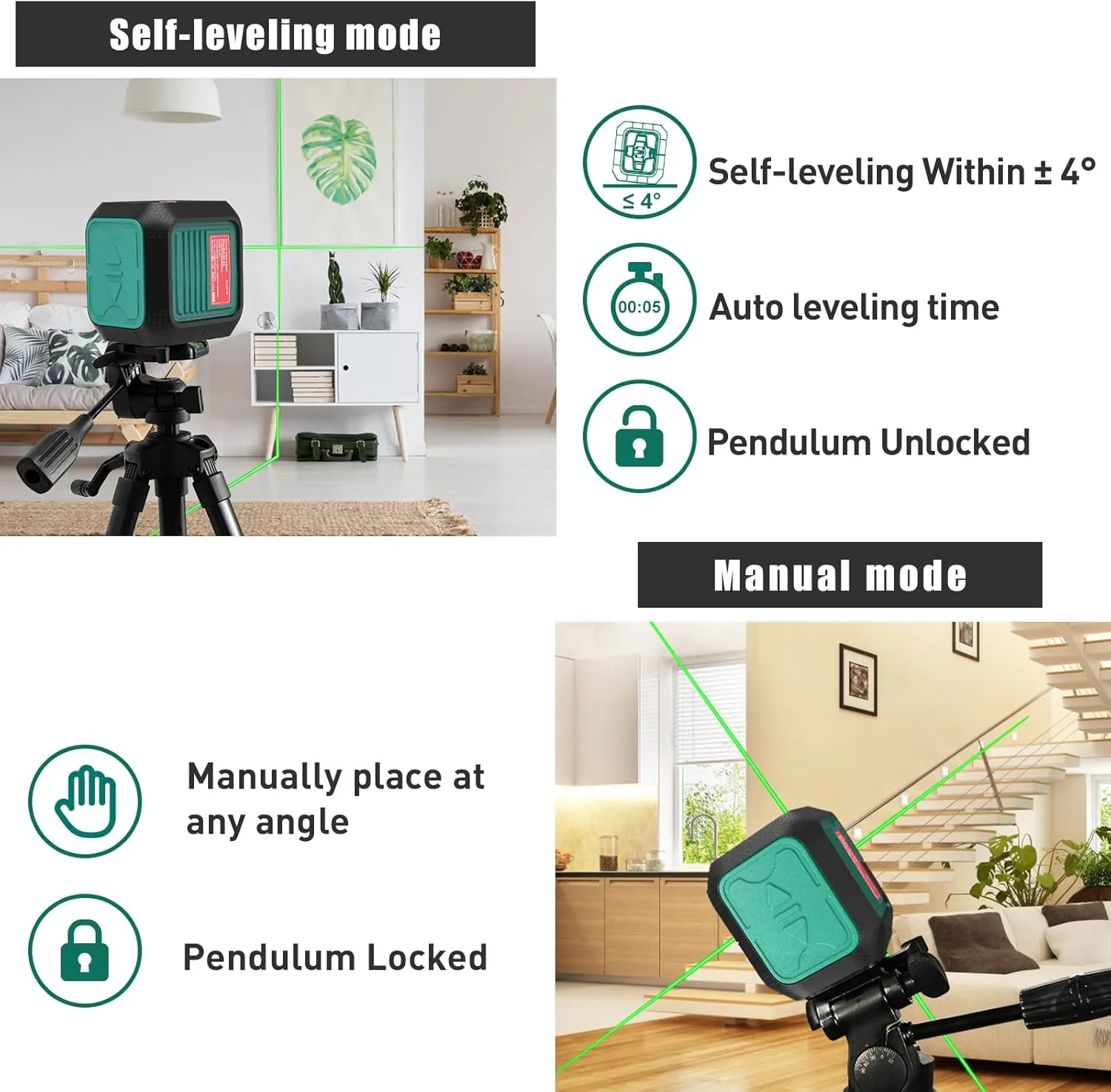HYCHIKA Laser Level Self Leveling Green Cross Line Lasers Level Tool 50ft Measure Range for Indoor/Outdoor/Construction/DIY/Picture hanging, Battery and Magnetic Base included