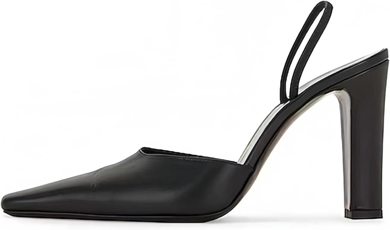 iadore Women's High Heel Sandals, 4'' Solid Closed Square Toe Backless Elastic Strap Slingback Chunky Heel Pump Shoes for Women Casual Office Business Work Dress