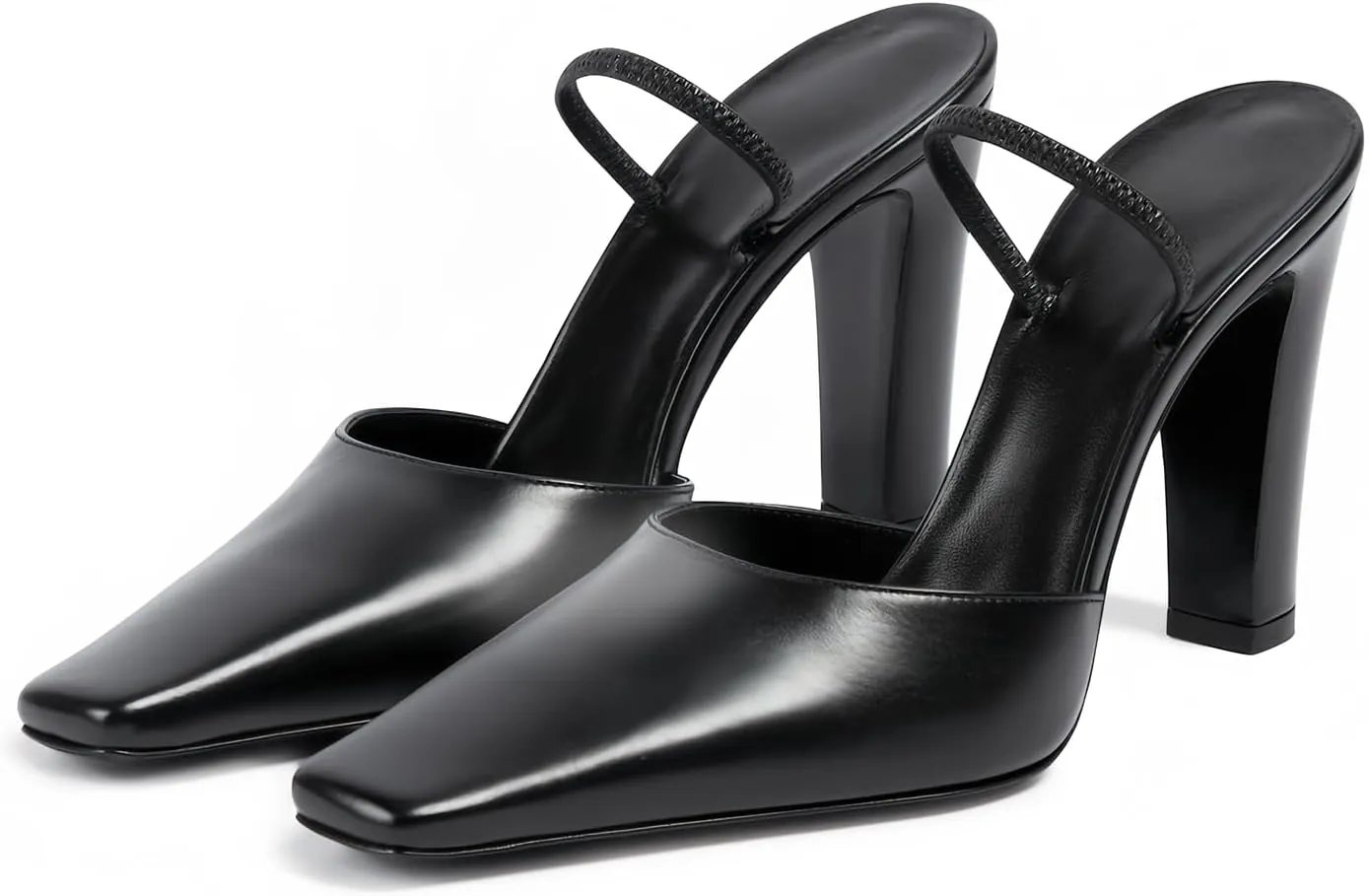 iadore Women's High Heel Sandals, 4'' Solid Closed Square Toe Backless Elastic Strap Slingback Chunky Heel Pump Shoes for Women Casual Office Business Work Dress