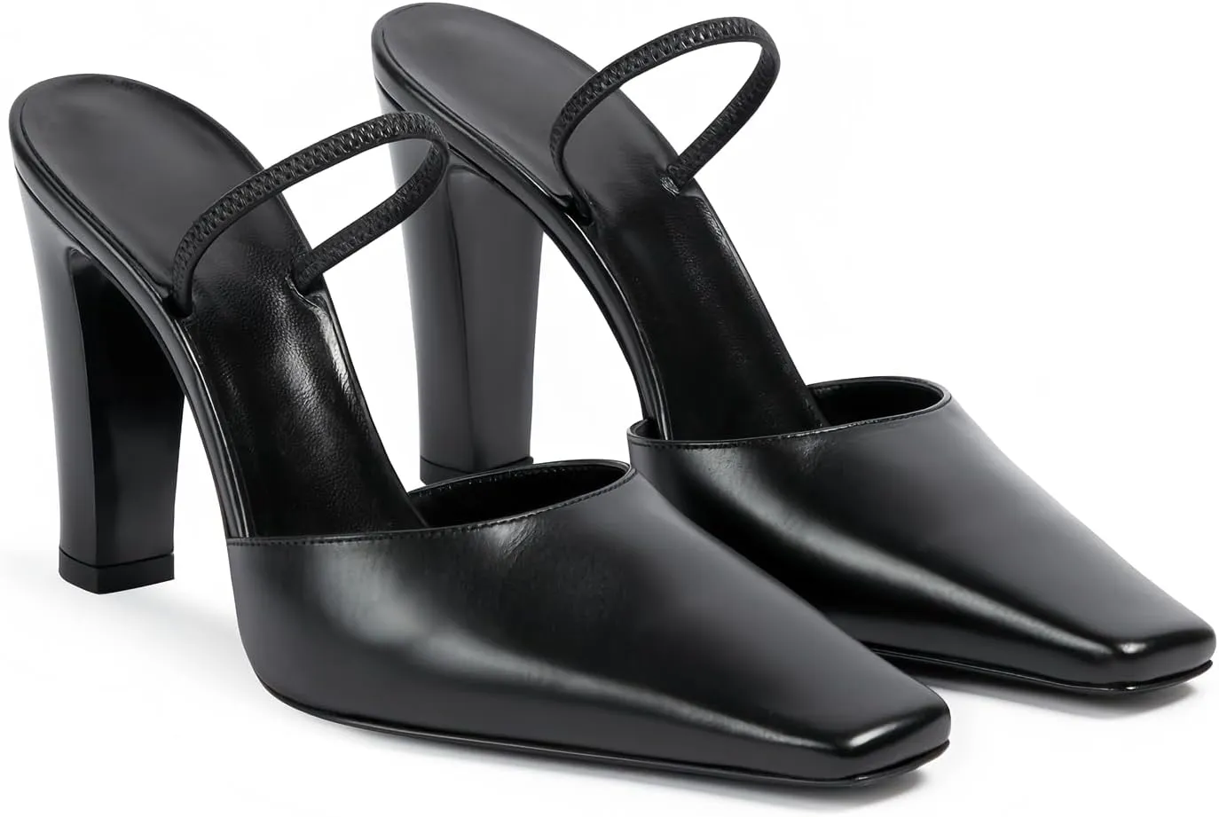 iadore Women's High Heel Sandals, 4'' Solid Closed Square Toe Backless Elastic Strap Slingback Chunky Heel Pump Shoes for Women Casual Office Business Work Dress