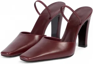 iadore Women's High Heel Sandals, 4'' Solid Closed Square Toe Backless Elastic Strap Slingback Chunky Heel Pump Shoes for Women Casual Office Business Work Dress