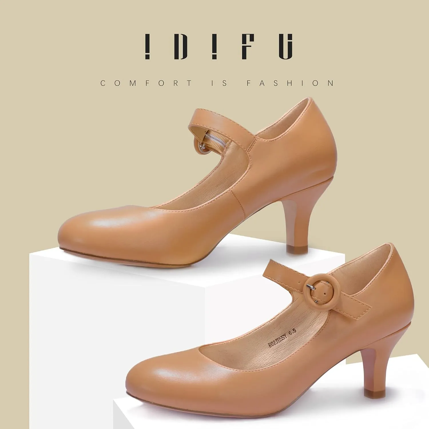 IDIFU Women's Jessy Dress Mary Jane Shoes Low Kitten Heels Closed Round Toe Office Work Wedding Pumps