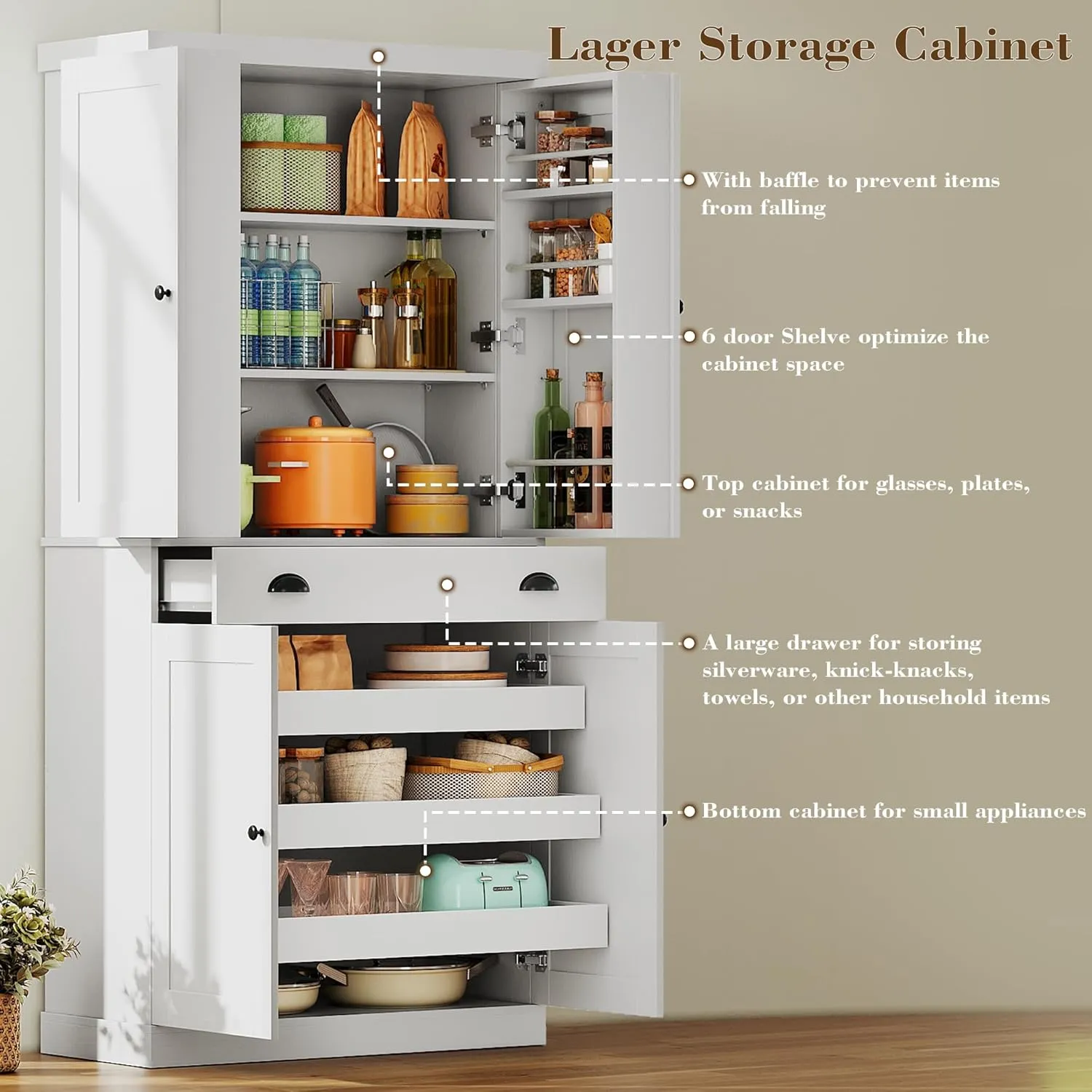 IRONCK Kitchen Pantry Cabinet 72" Height, Freestanding Cupboard with Drawer, Sliding Storage Rack, and 6 Hanging Shelves for Dining Room, Laundry, White
