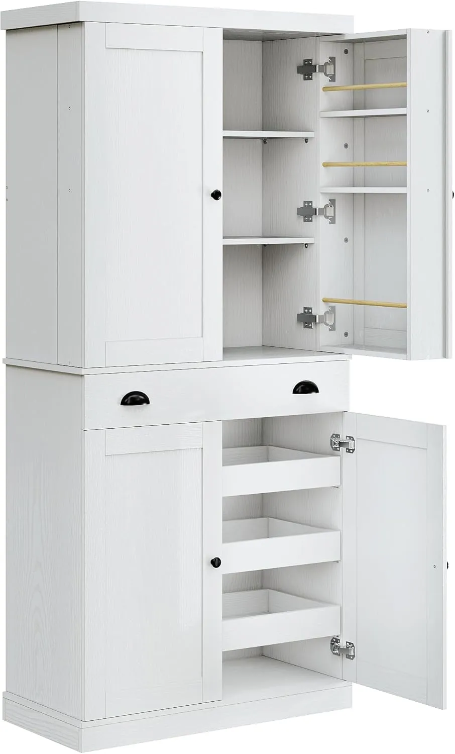 IRONCK Kitchen Pantry Cabinet 72" Height, Freestanding Cupboard with Drawer, Sliding Storage Rack, and 6 Hanging Shelves for Dining Room, Laundry, White