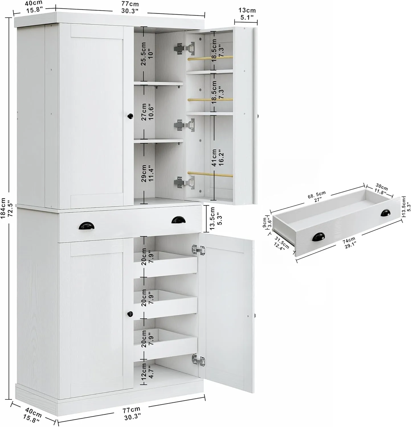 IRONCK Kitchen Pantry Cabinet 72" Height, Freestanding Cupboard with Drawer, Sliding Storage Rack, and 6 Hanging Shelves for Dining Room, Laundry, White