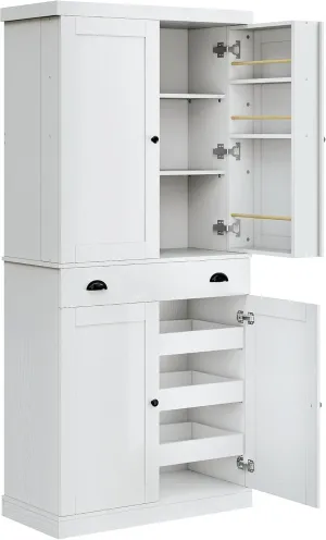 IRONCK Kitchen Pantry Cabinet 72" Height, Freestanding Cupboard with Drawer, Sliding Storage Rack, and 6 Hanging Shelves for Dining Room, Laundry, White