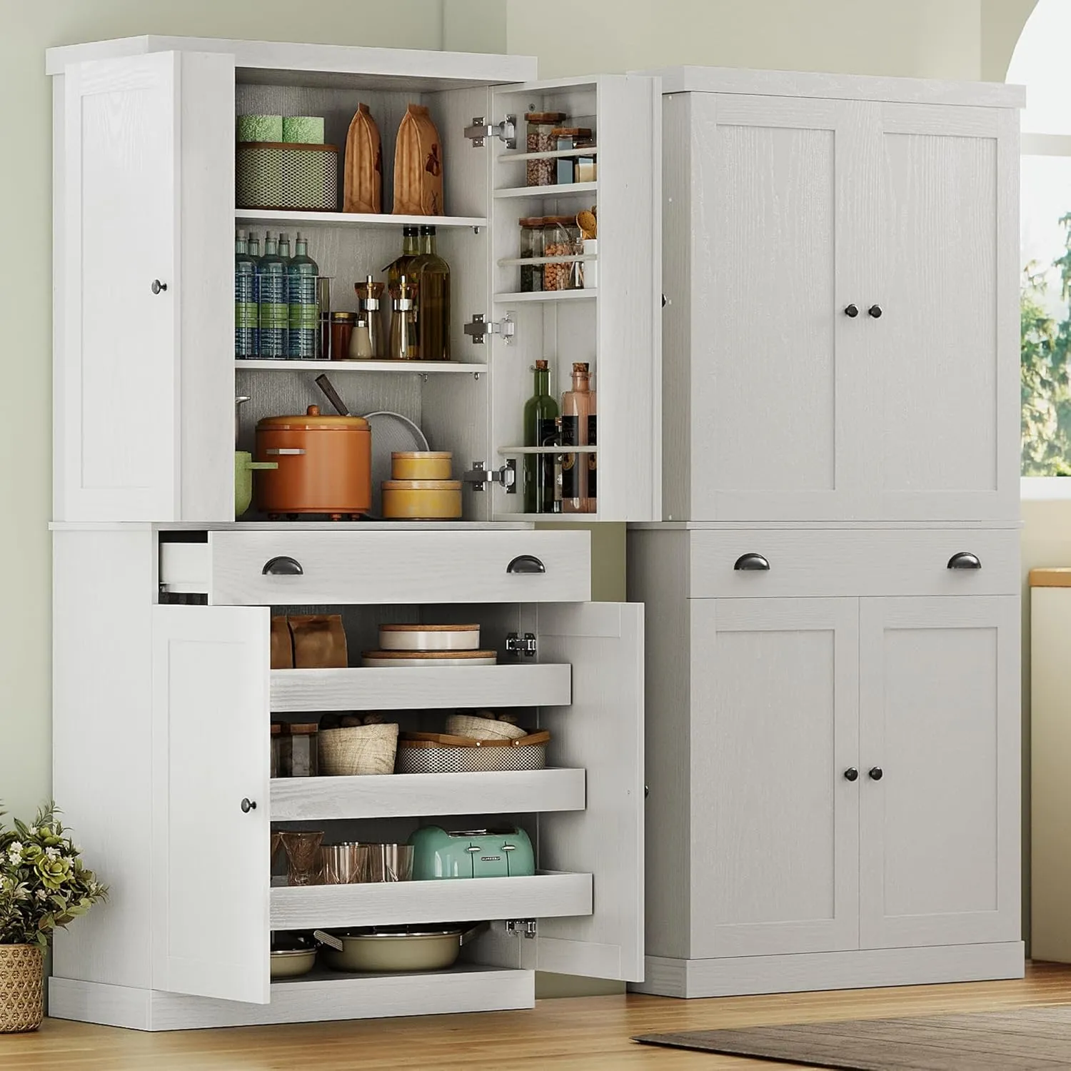IRONCK Kitchen Pantry Cabinet 72" Height, Freestanding Cupboard with Drawer, Sliding Storage Rack, and 6 Hanging Shelves for Dining Room, Laundry, White