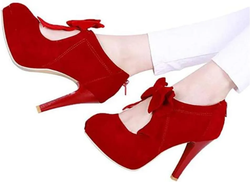 JITUUE Fashion Vintage Womens Sweet Small Bowtie Bowknot Suede Platform Pumps Ladies Sexy High Heeled Back Zipper Shoes