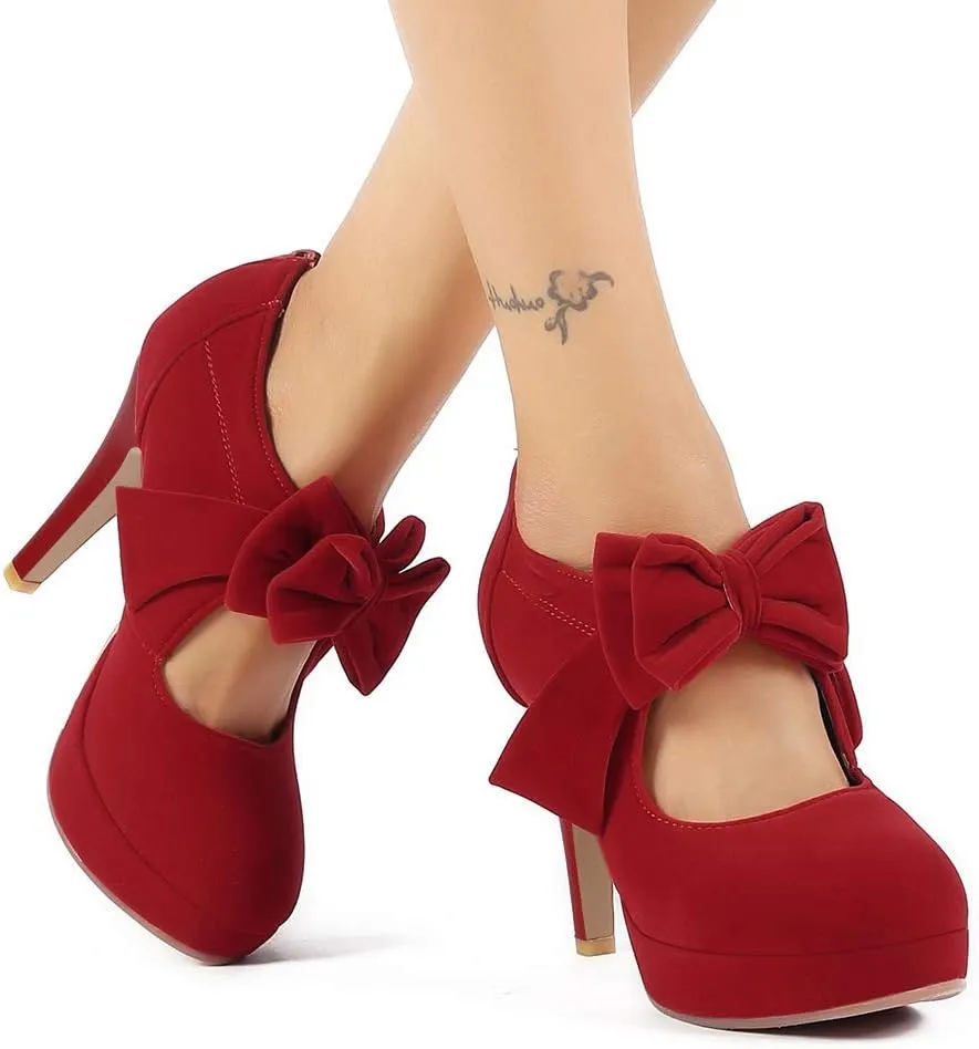 JITUUE Fashion Vintage Womens Sweet Small Bowtie Bowknot Suede Platform Pumps Ladies Sexy High Heeled Back Zipper Shoes