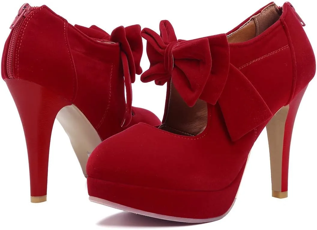 JITUUE Fashion Vintage Womens Sweet Small Bowtie Bowknot Suede Platform Pumps Ladies Sexy High Heeled Back Zipper Shoes
