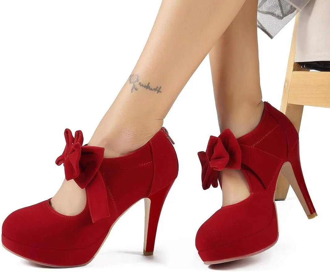 JITUUE Fashion Vintage Womens Sweet Small Bowtie Bowknot Suede Platform Pumps Ladies Sexy High Heeled Back Zipper Shoes