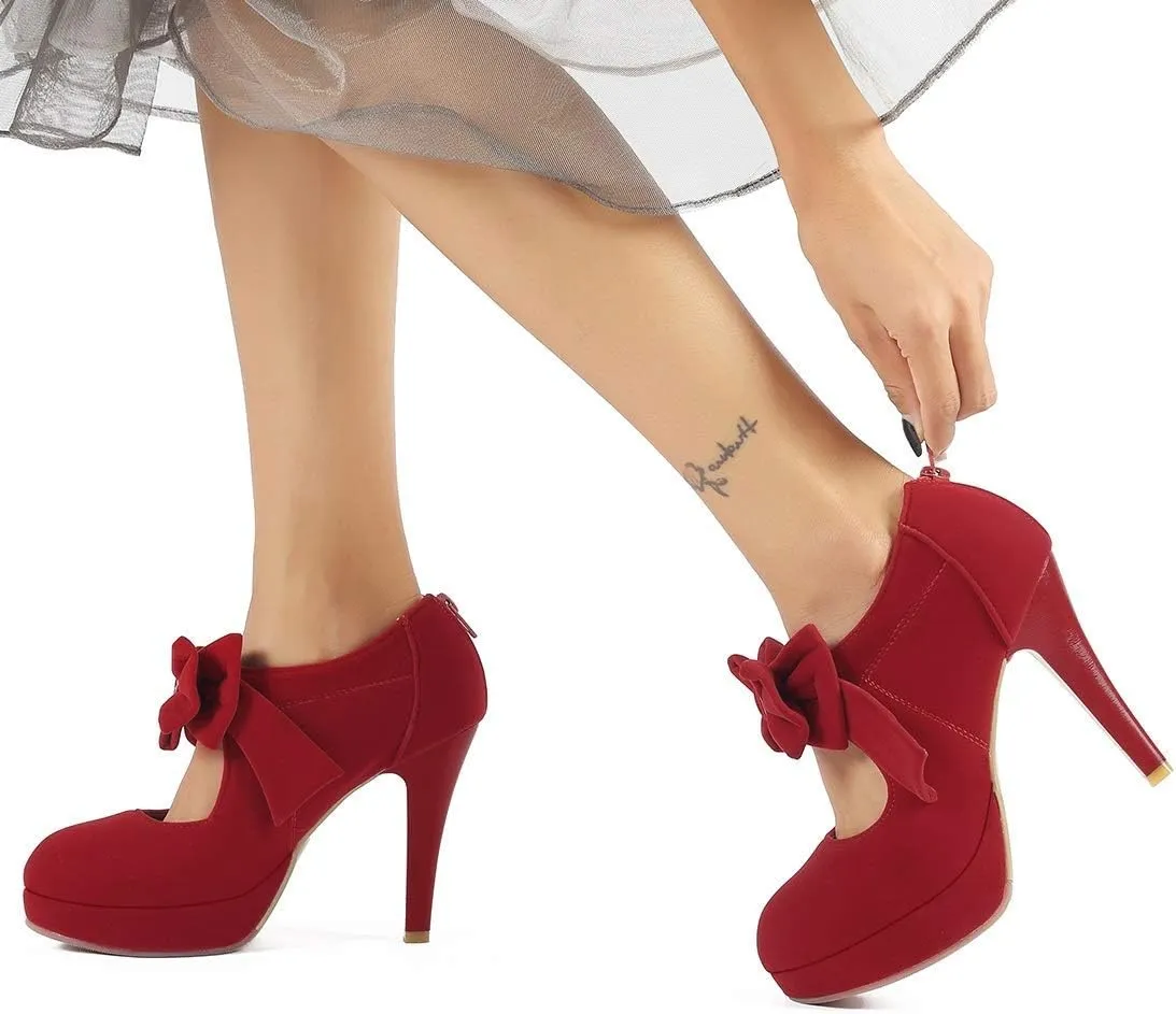 JITUUE Fashion Vintage Womens Sweet Small Bowtie Bowknot Suede Platform Pumps Ladies Sexy High Heeled Back Zipper Shoes