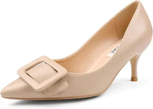 JOY IN LOVE Women's Kitten Heel Pumps Pointed Toe Square-Buckle Office Dress Pump Shoes
