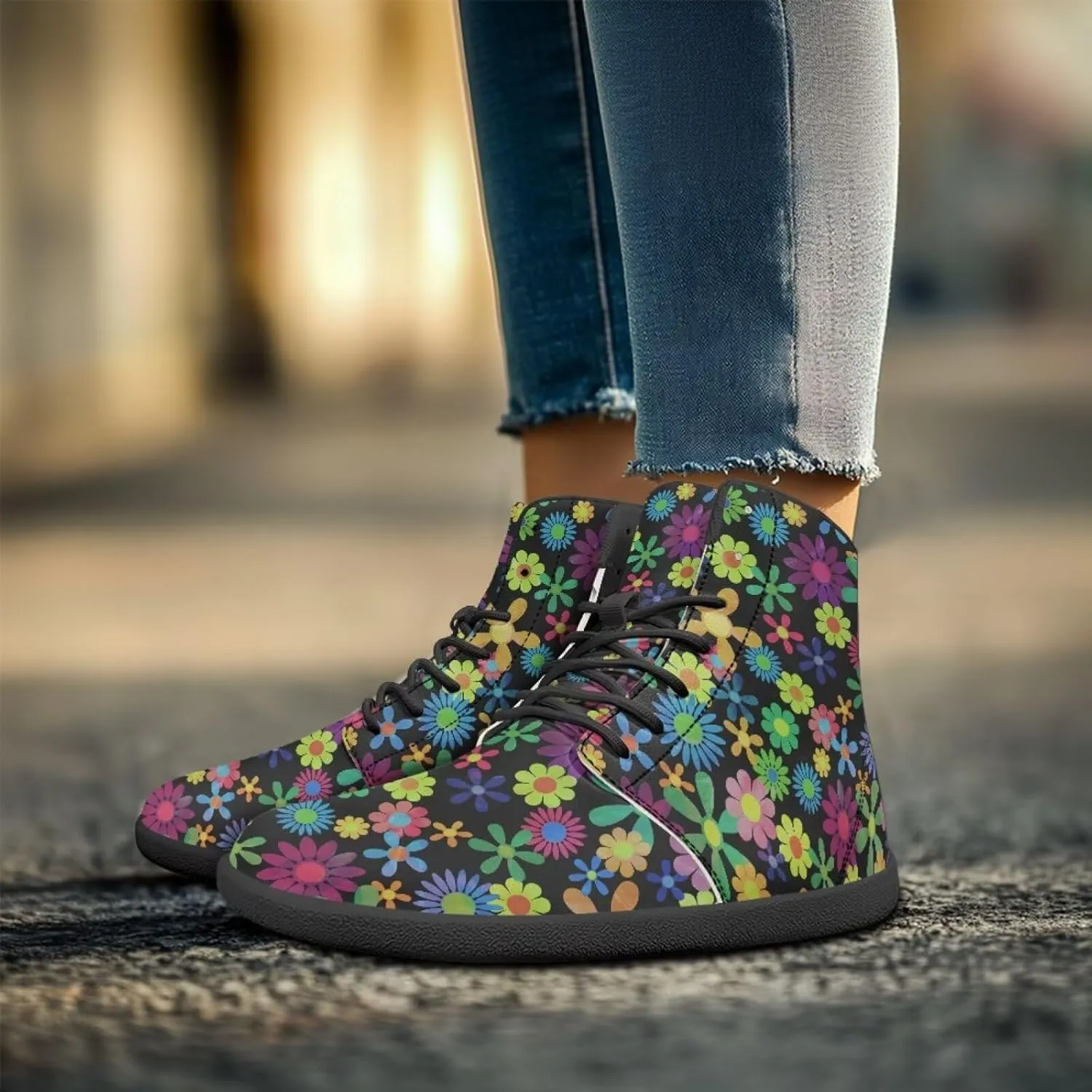 JoyLamoria Men Women High Top Barefoot Shoes Rainbow Pattern Pattern LGBT Fashion Sneakers Lace Up PU Leather Platform