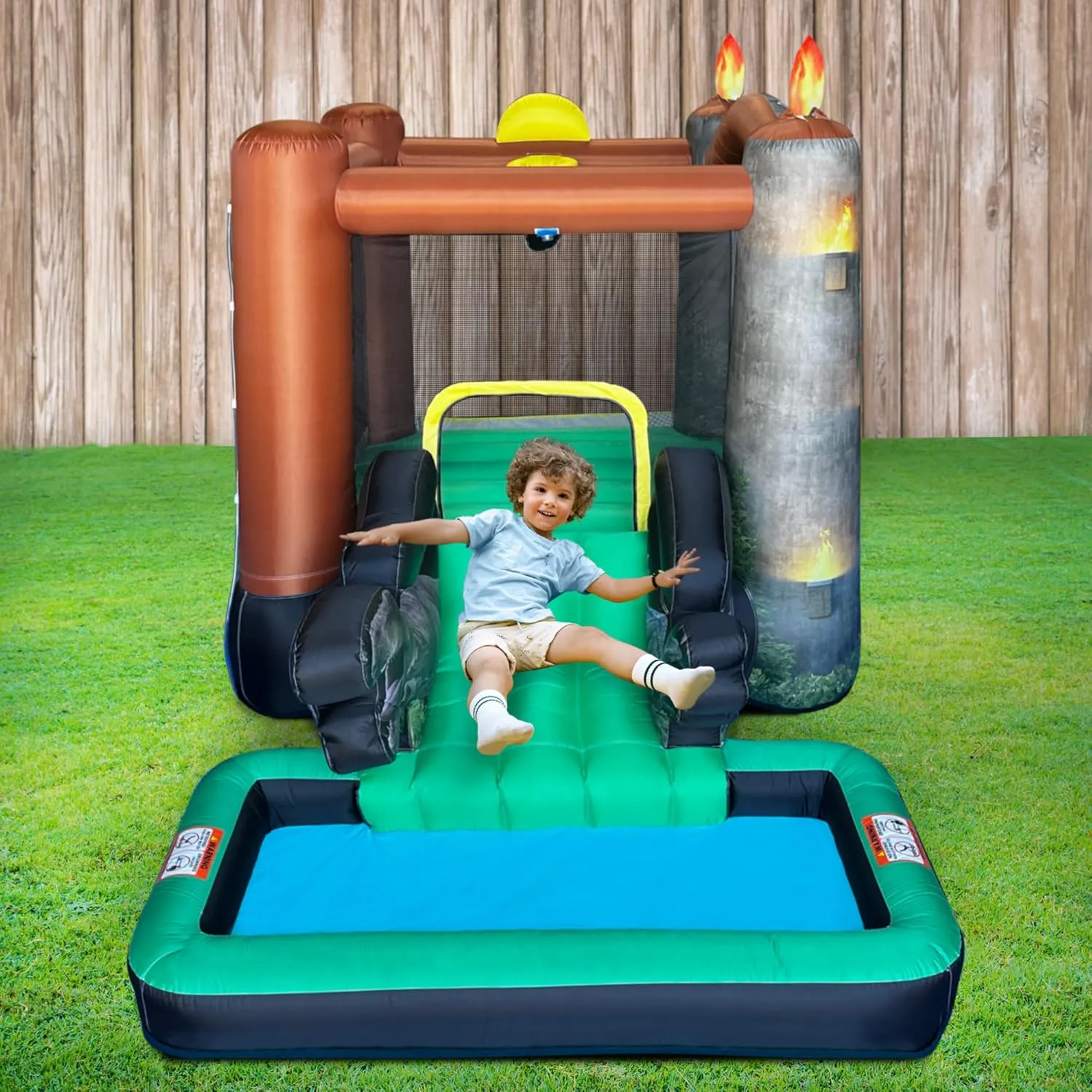 Jurassic World Dinosaur Bounce House Water Slide with Pool, Indoor Outdoor Bouncy Castle with Ball Pit, Air Blower with GFCI for Kids Ages 3-8