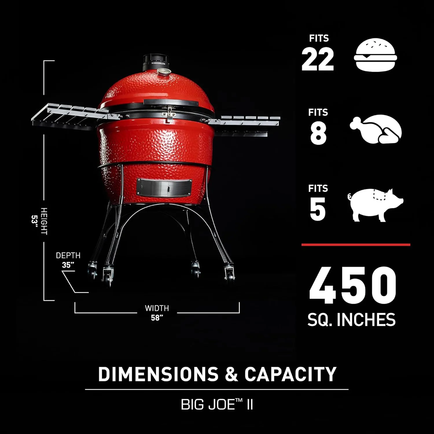Kamado Joe Big Joe Series II 24-inch Ceramic Charcoal Grill and Smoker with Cart, Side Shelves, Stainless Steel Grates and 450 Cooking Square Inches in Red, Model BJ24RHC