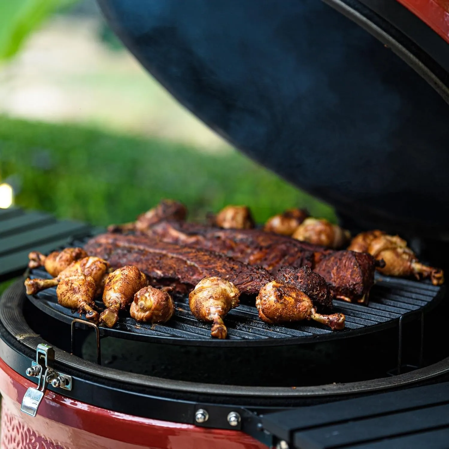 Kamado Joe Big Joe Series II 24-inch Ceramic Charcoal Grill and Smoker with Cart, Side Shelves, Stainless Steel Grates and 450 Cooking Square Inches in Red, Model BJ24RHC