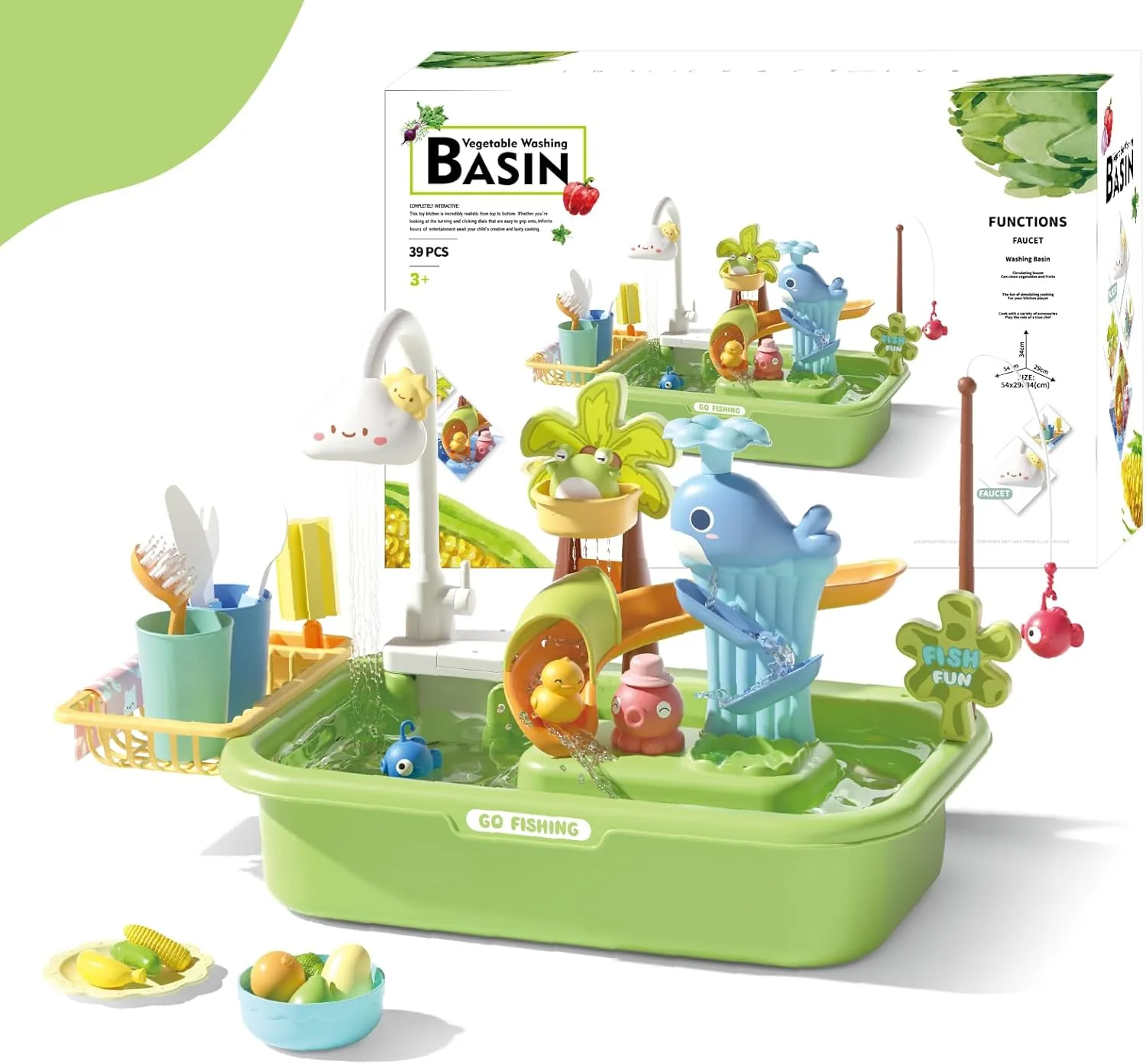 Kids Play Sink with Running Water & Electric Faucet, 4-in-1 Kitchen Sink Toy with Fishing Game, Pretend Play Kitchen Toy Accessories, Role Play Dishwasher Toys for Toddlers Boys Girls Green
