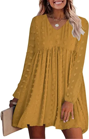 KIRUNDO Womens Dresses 2024 Spring Summer Long Sleeve Mini Dress V Neck Flowy Casual Swiss Dot Loose Babydoll Dress