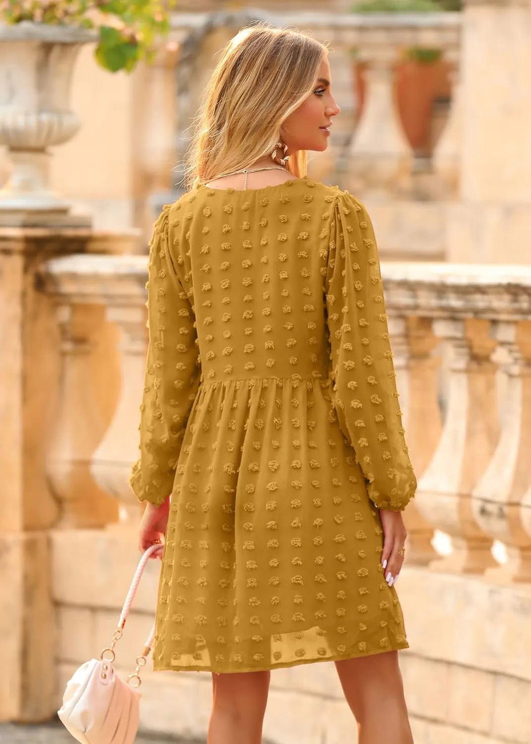 KIRUNDO Womens Dresses 2024 Spring Summer Long Sleeve Mini Dress V Neck Flowy Casual Swiss Dot Loose Babydoll Dress