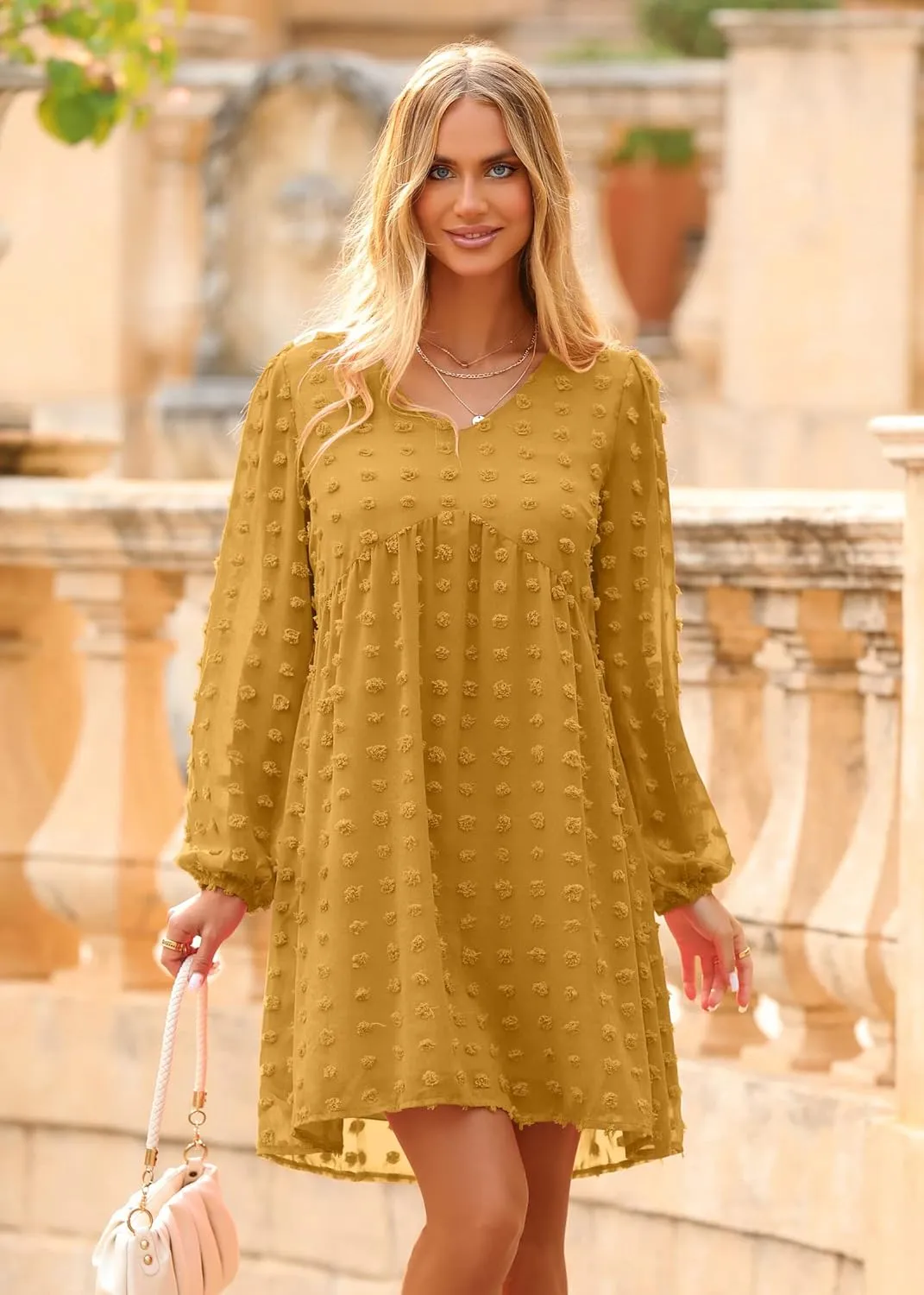 KIRUNDO Womens Dresses 2024 Spring Summer Long Sleeve Mini Dress V Neck Flowy Casual Swiss Dot Loose Babydoll Dress