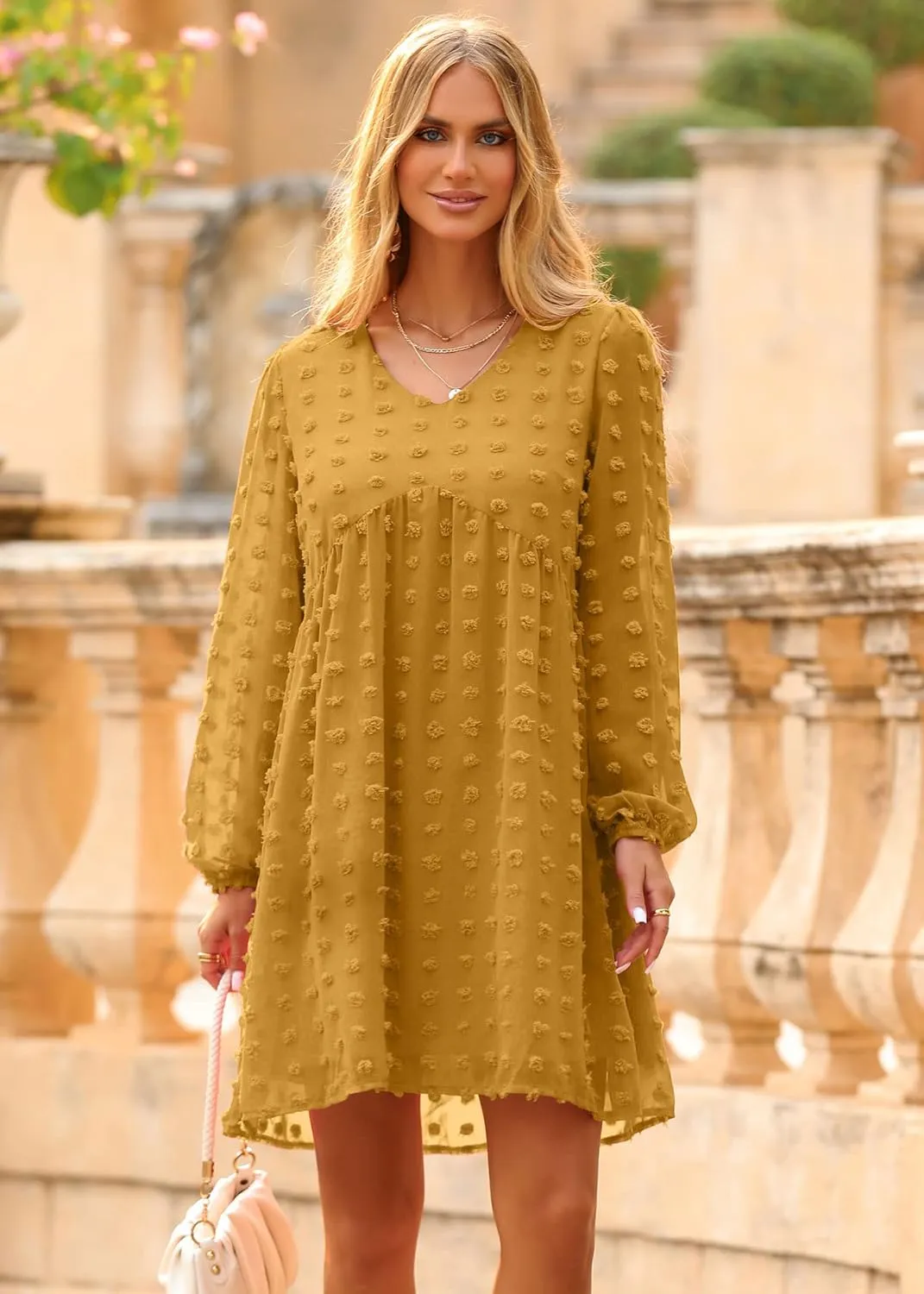 KIRUNDO Womens Dresses 2024 Spring Summer Long Sleeve Mini Dress V Neck Flowy Casual Swiss Dot Loose Babydoll Dress
