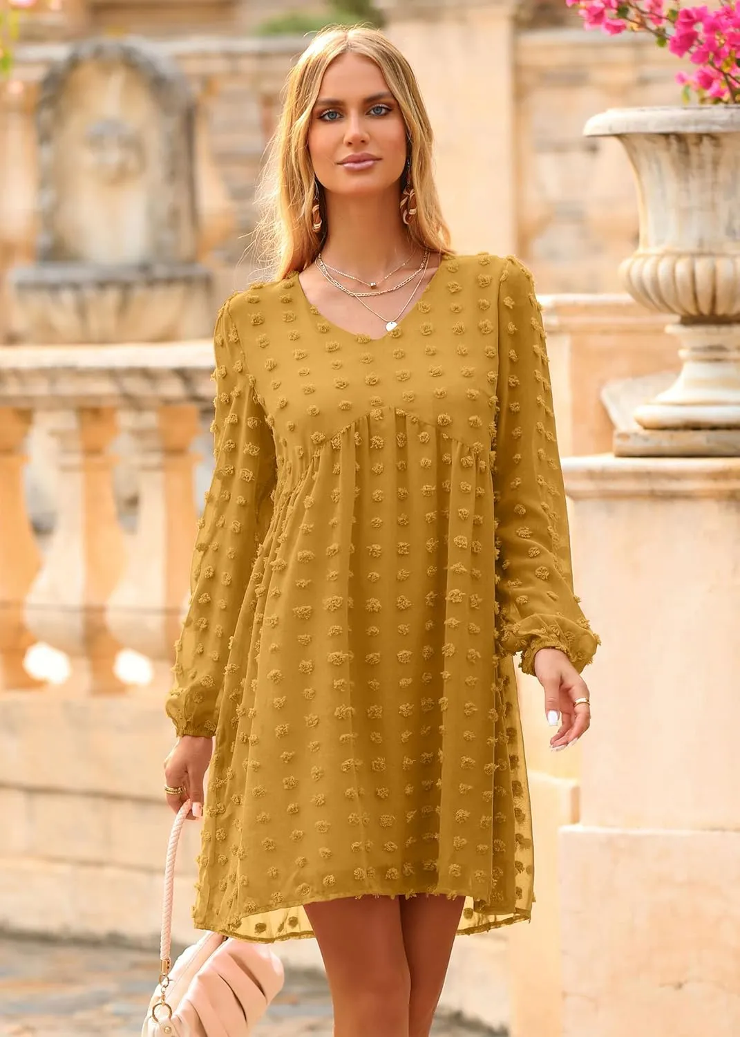 KIRUNDO Womens Dresses 2024 Spring Summer Long Sleeve Mini Dress V Neck Flowy Casual Swiss Dot Loose Babydoll Dress