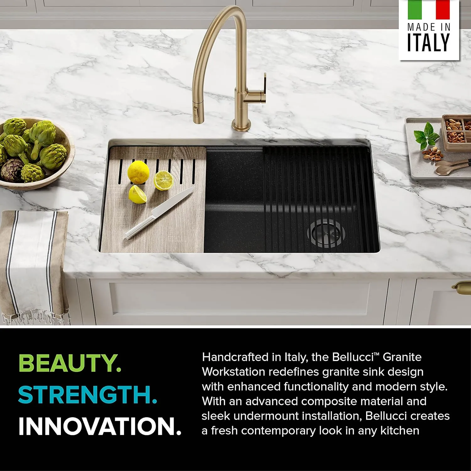 KRAUS Kitchen Sink Bellucci 32” Undermount Workstation Granite, Metallic Black, Accessories, KGUW2-33MBL