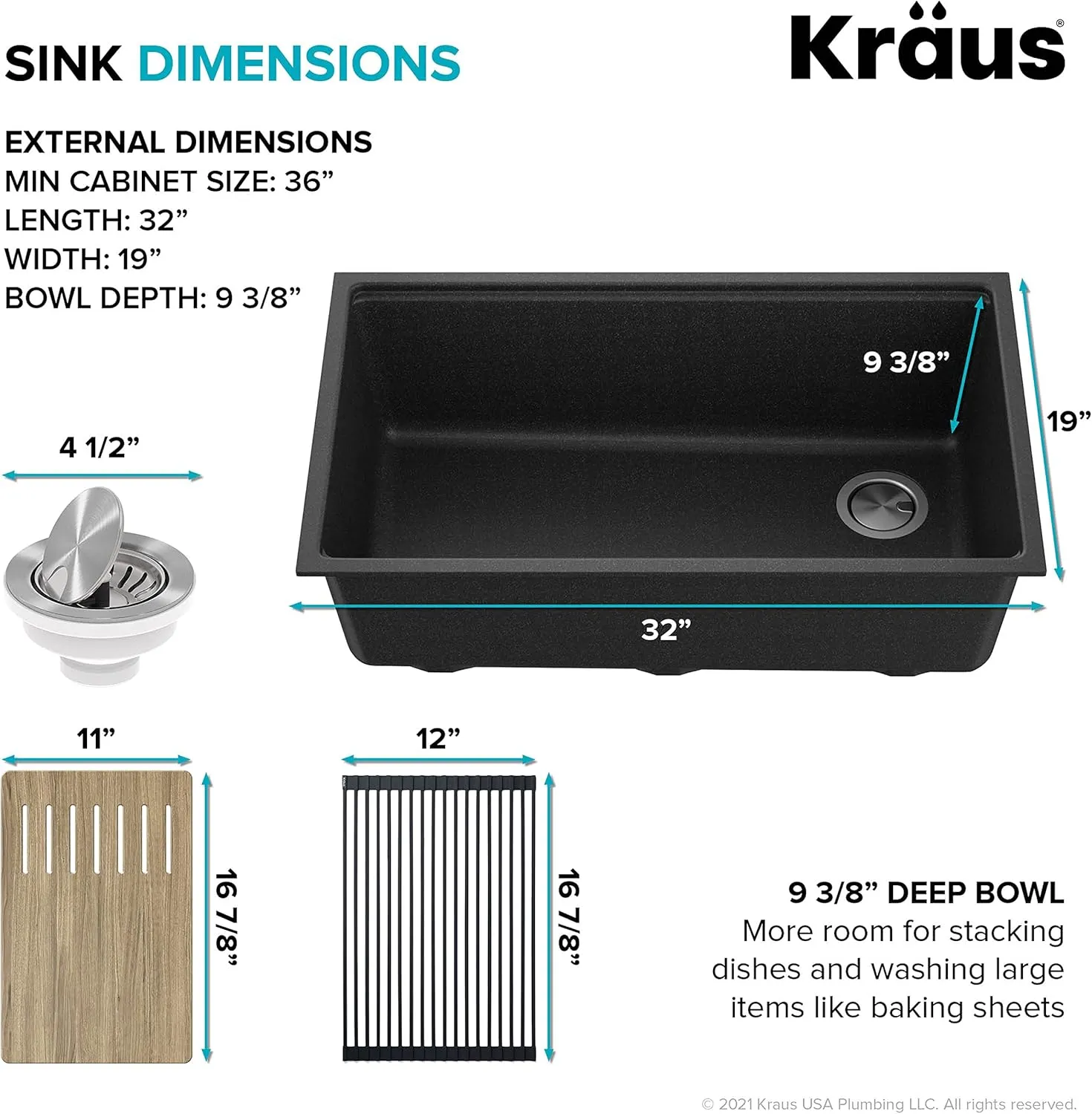KRAUS Kitchen Sink Bellucci 32” Undermount Workstation Granite, Metallic Black, Accessories, KGUW2-33MBL