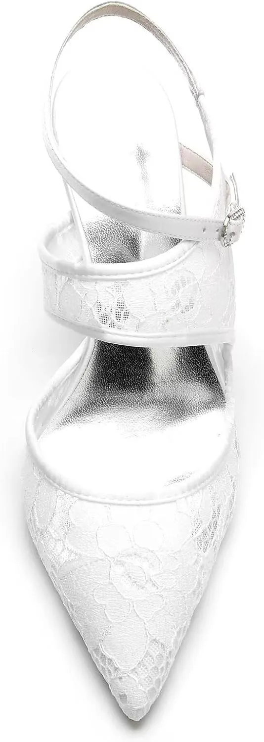 Lace-Embellished Bridal Shoes for Women - Pointed Toe Stiletto Heels with Adjustable Ankle Strap, Wedding Ceremony Pumps for Bride, Reception, Prom