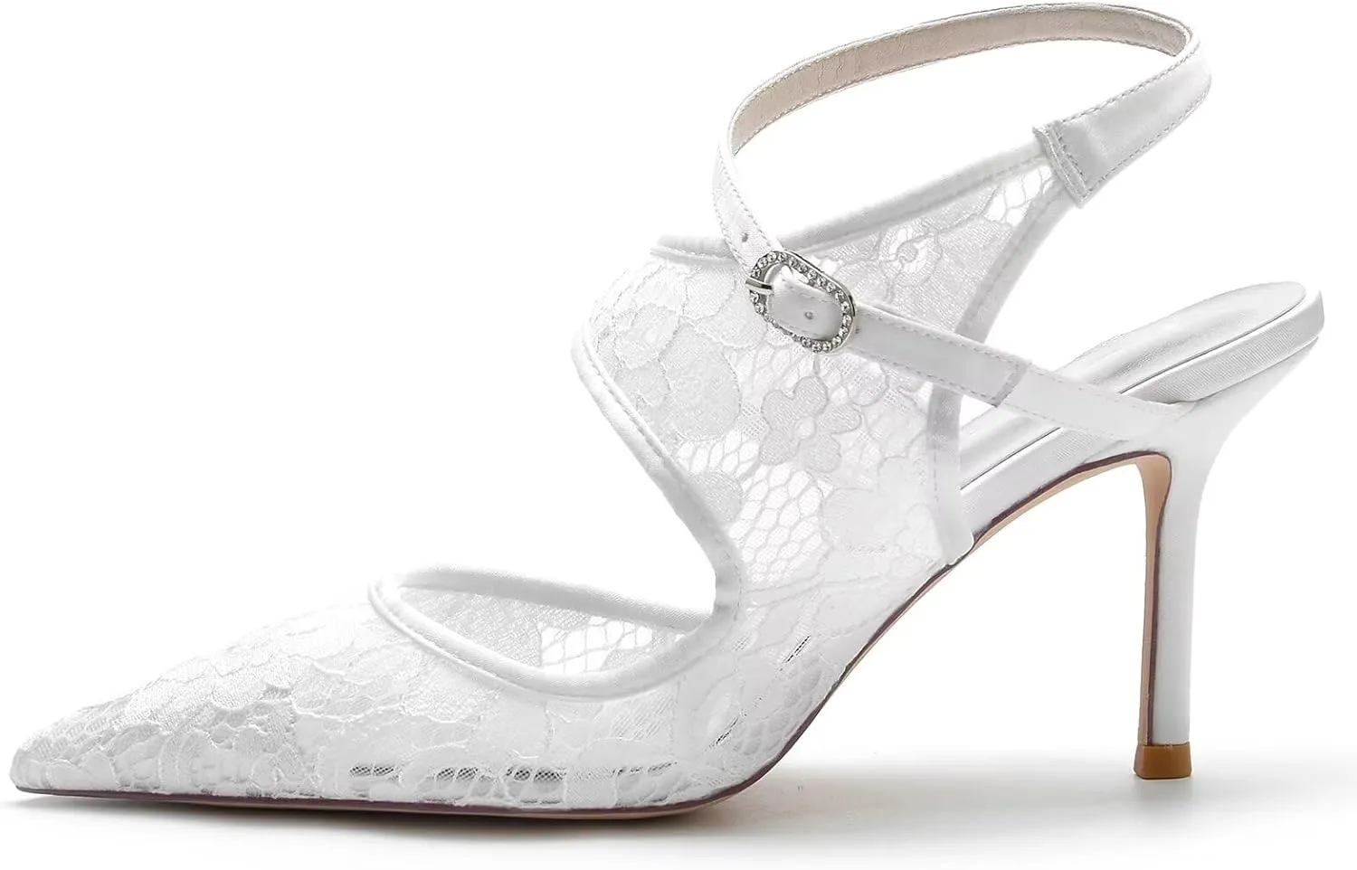 Lace-Embellished Bridal Shoes for Women - Pointed Toe Stiletto Heels with Adjustable Ankle Strap, Wedding Ceremony Pumps for Bride, Reception, Prom